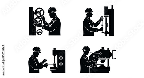 Industrial workers in hard hats operating heavy machinery and gears representing manufacturing engineering and skilled