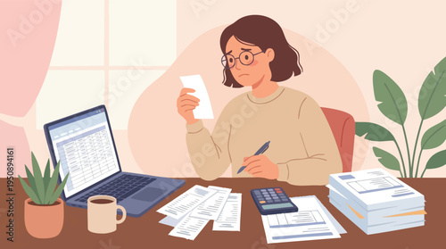 Woman feeling stressed while calculating taxes and receipts