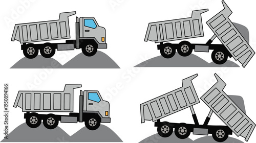 Dump truck operation sequence illustration showing driving, lifting and unloading process on construction terrain, industrial tipper truck stages isolated on light background
