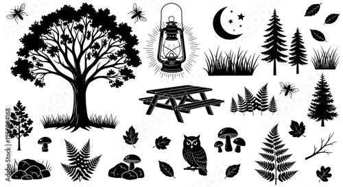 Vibrant forest elements collection silhouette of a large tree owl lantern picnic table mushrooms ferns pine trees grass
