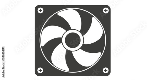 Computer cooling fan icon graphic illustration of a square electronic device component with five white curved blades