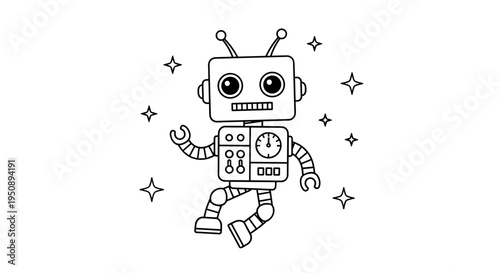 Cute cartoon robot character with a friendly face big eyes and antennae happily dancing among sparkling stars