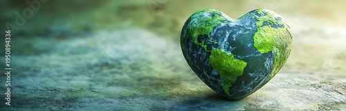 Heart shaped planet Earth with green continents and blue oceans on textured ground