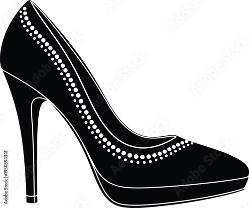 Elegant women high heel shoe silhouette with decorative studs, stylish stiletto fashion footwear illustration isolated on light background, classic female party shoe design