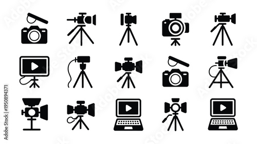 Black icons of various photography and video creation equipment on white background for design and editing