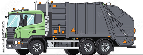 Garbage collection truck side view illustration, municipal waste management vehicle with hydraulic compactor system, sanitation service transport isolated on light background