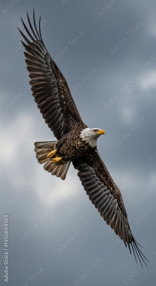 Fototapeta premium Bald Eagle Soaring Through Cloudy Sky.