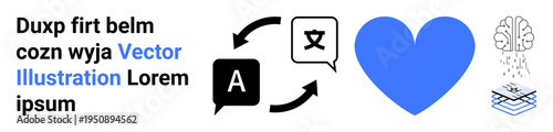 Language translation, artificial intelligence, technology, communication tools, healthcare, education. Speech bubbles, heart brain layered stack design. Language translation and artificial