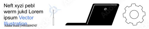 Renewable energy, technology, engineering, sustainability, innovation, clean energy. Wind turbine, laptop silhouette gear icon. Renewable energy and technology concepts for modern innovations