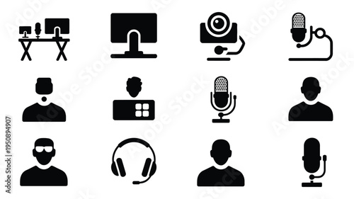 Black icons for streaming and gaming setup including people microphones and computers on white background for online content creation