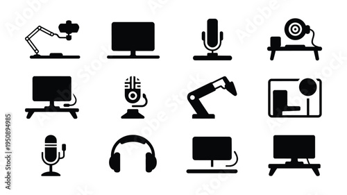 Streamer and gamer setup icons with computers microphones headphones and cameras on white background for online content creation