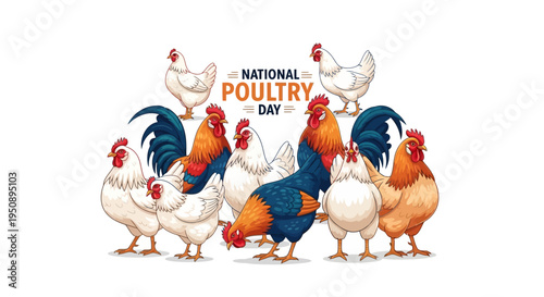 Vector illustration of chickens and a rooster with a thumbs up gesture for National Poultry Day 2026 on a clean white background.