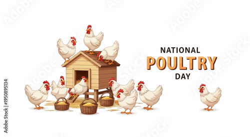 Illustration of chickens around a coop on National Poultry Day with a thumbs up gesture conveying a poultry farming concept.