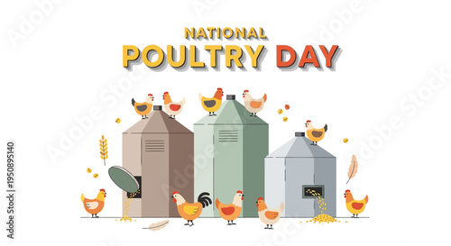 Illustration of chickens and silos celebrating National Poultry Day with a thumbs up gesture on a clean white background.