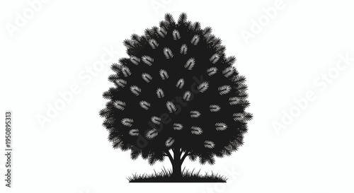 Black Tree Silhouette Icon with Dense Foliage and Ground Grass - Vector Graphic Illustration