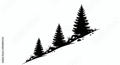 Striking black silhouettes of coniferous trees on a gentle slope, perfect for graphic design and nature-inspired themes
