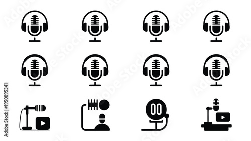 Podcast creator setup silhouette icons for audio production and broadcasting