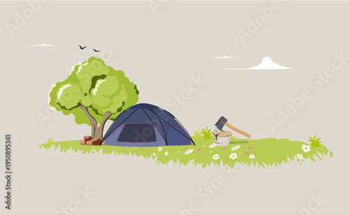 Outdoor Camping and Wilderness Adventure Concept, Flat Vector Illustration of Tent Under Tree with Axe and Firewood, Summer Forest Glamping and Survival Scene