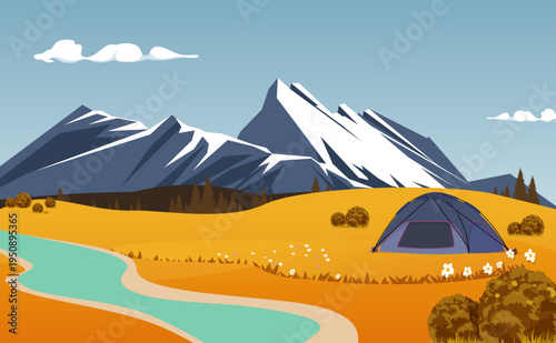 Scenic Mountain Camping Landscape with Tent and River, Flat Vector Illustration of Autumn Wilderness Adventure, Snow-Capped Peaks and Meadow Background