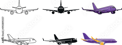 Airplane collection in different views isolated on light background, commercial passenger aircraft illustrations for aviation transport, travel design, flight industry, modern airline concept