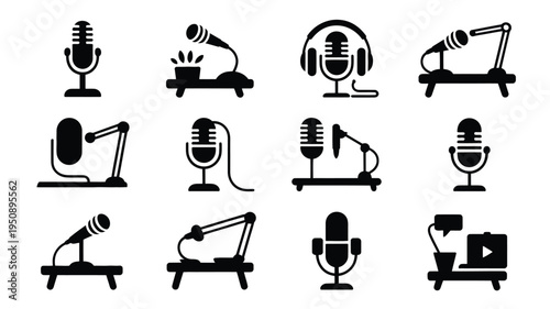 Podcast creator setup with various microphone silhouettes for broadcasting and recording