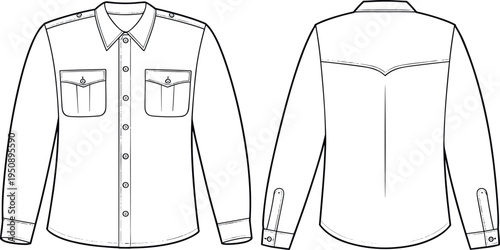 Classic long sleeve button down shirt front and back technical fashion flat sketch with flap chest pockets, epaulets detail, casual formal vector clothing template