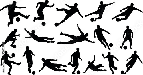 Collection of soccer player silhouette poses performing dribbling, kicking, running and sliding actions with ball, isolated vector set for sports design, training illustration template