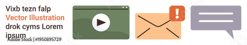 Digital communication, email notifications, messaging, media content sharing, online interaction, internet communication. Email icon with alert, play button icon chat bubble icon. Digital