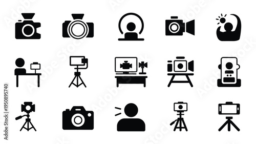 Vlogger workspace silhouette with various camera and video recording equipment logos on white background for social media content creation