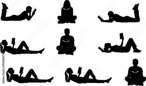 Collection of people reading book silhouettes in various sitting and lying poses, isolated vector set showing study, education, relaxation and leisure activity illustration template