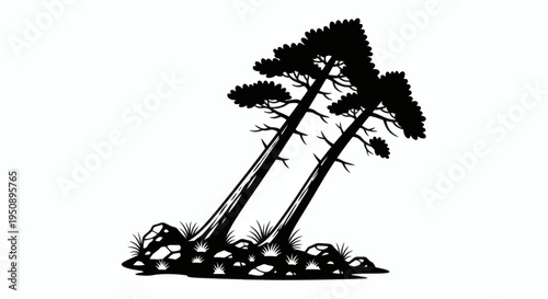Striking minimalist vector illustration featuring two tall, slender black trees leaning dramatically amidst jagged rocks