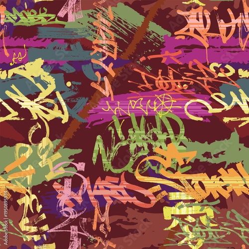 Graffiti seamless grunge background. Street art pattern with lettering and wall tags. Urban hand drawn spray paint art texture. Teenage t shirt design in multicolored bright color. Vector wallpaper