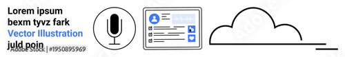 Digital communication, cloud computing, user profiles, data sharing, technology integration, online networking. Microphone icon, profile screen and cloud vector. Communication and cloud computing