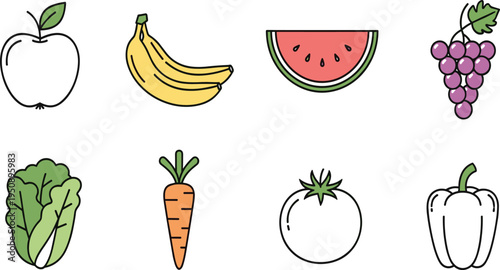 Fruit and Vegetable Icon Set Featuring Apple, Banana, Watermelon, Grapes, Carrot, Tomato, and Bell Pepper