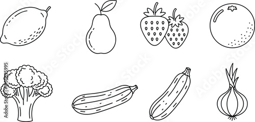 Fruit and Vegetable Line Icons Featuring Lemon, Pear, Strawberry, Orange, Broccoli, Zucchini, and Onion