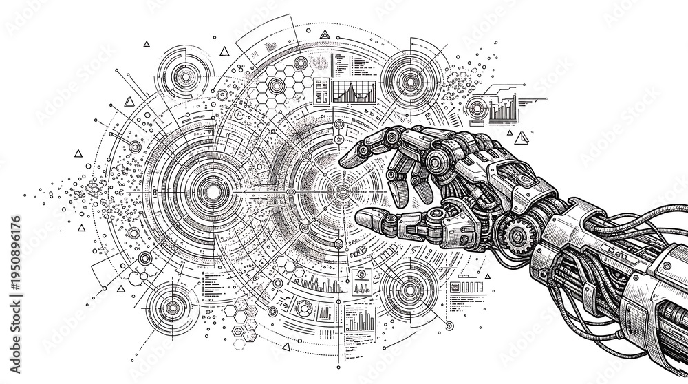Obraz premium Robotic Hand Interacting with Complex Digital Interface.