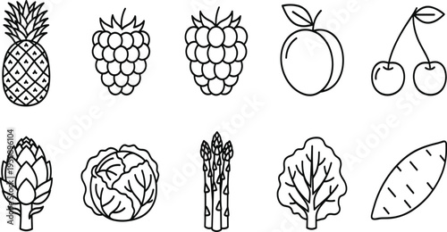 Fruit and Vegetable Line Icon Set Featuring Pineapple, Raspberry, Peach, Cherries, Artichoke, Asparagus, and More