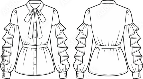 Elegant women blouse technical fashion flat sketch with bow tie collar layered ruffle sleeves belted waist button front long cuffed sleeves front and back view