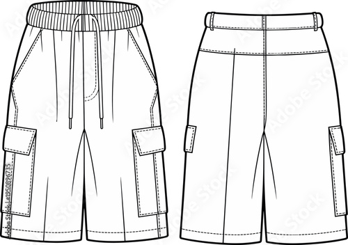 Front and back view cargo shorts technical fashion flat sketch with elastic drawstring waistband, utility flap pockets, stitching details, casual summer menswear vector outline template