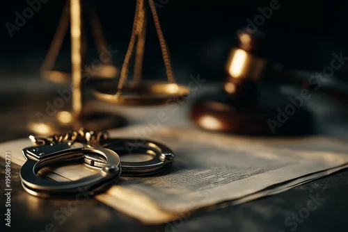 Fototapeta na wymiar Handcuffs on legal document with judge gavel and scales of justice in courtroom, criminal law concept, arrest procedure and judicial enforcement