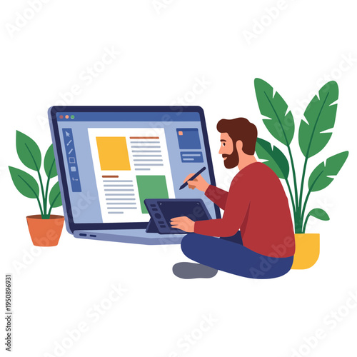 Man sitting with laptop and graphics tablet working on documents surrounded by plants
