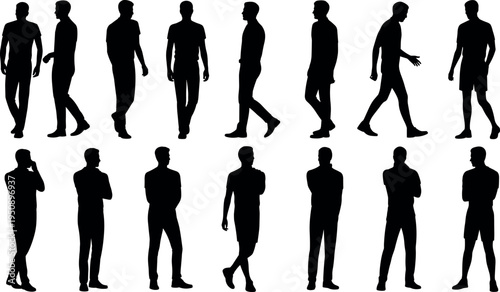 Male human silhouettes collection in various standing and walking poses isolated on light background, diverse body language illustration for people, lifestyle, character design concept