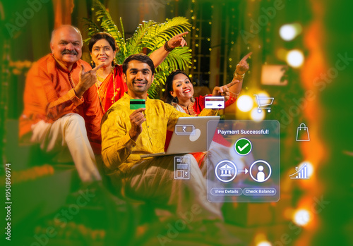 Indian young couple with senior parents in festival wear doing online digital payment successful on smartphone at home