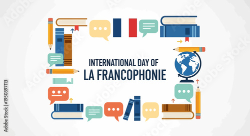 Illustration celebrating International Day of La Francophonie with colorful icons and text on a white background, conveying a joyful mood.