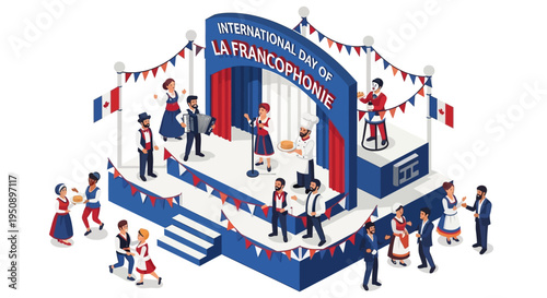 Illustration of people celebrating International Day of La Francophonie with colorful decorations and French flags in a festive scene.