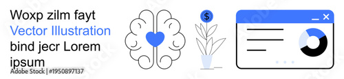 Business strategies, financial growth, data analytics, health, cognitive thinking, innovation. Brain with heart, potted plant with dollar sign data chart window. Financial growth and data analytics
