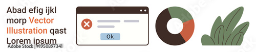 Website design, data analysis, error reporting, business statistics, technology interface, nature. Error message popup, pie chart with red section green plant leaves. Error reporting and data
