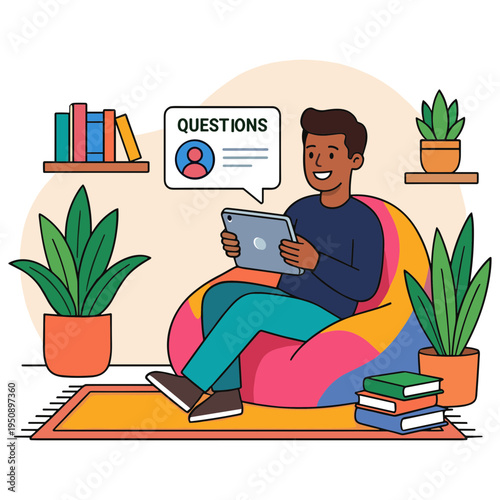 A man sits on a colorful bean bag chair in a cozy room with plants and books while reading on a tablet with a speech bubble saying questions.