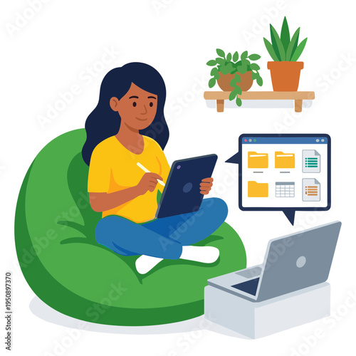Woman sitting on green bean bag chair uses digital tablet and laptop