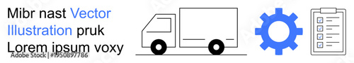 Logistics, transportation, workflow design, planning, service efficiency, task management. A truck, gear and checklist icons are displayed. Logistics and transportation concept